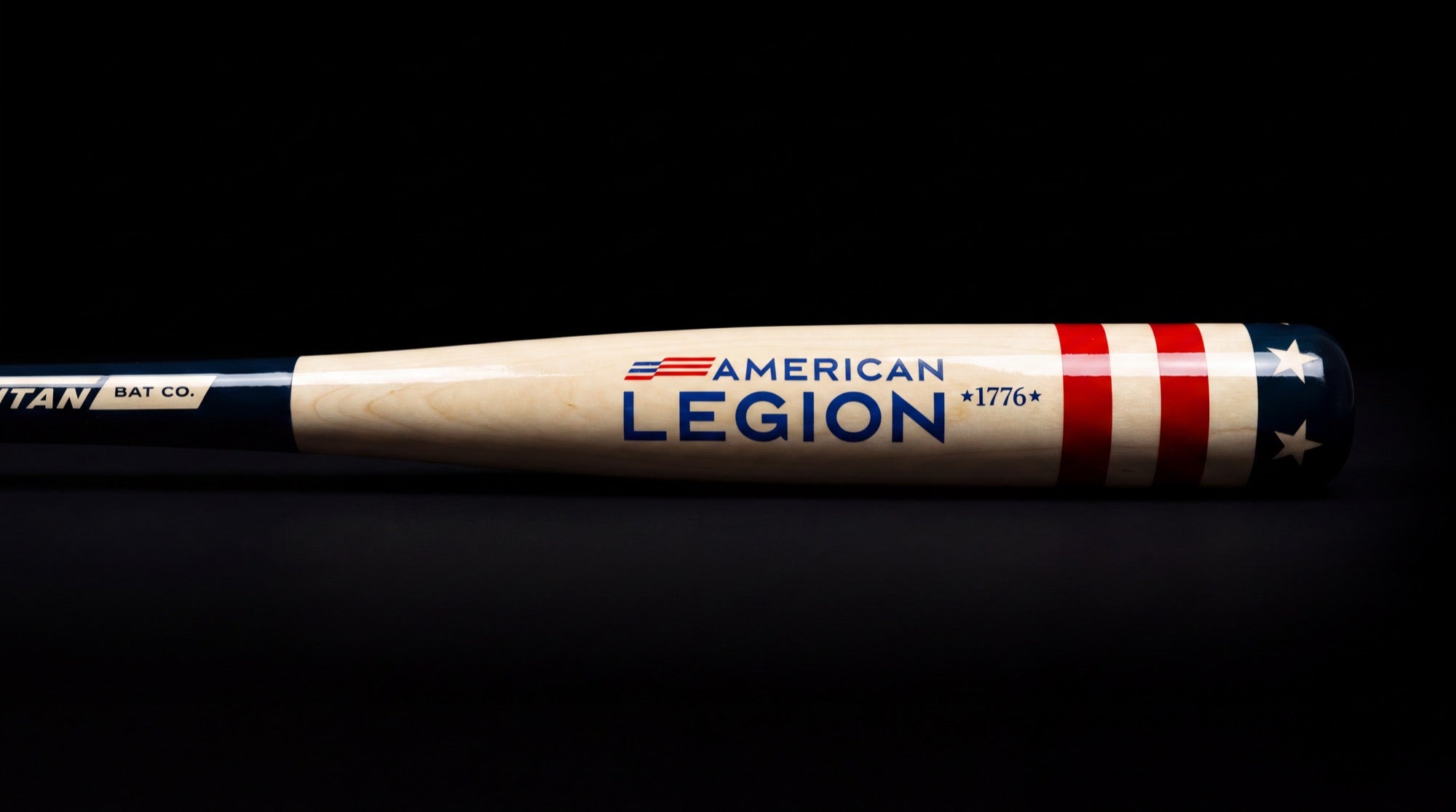 Close-up of the AMERICAN LEGION · 1776 · inscription on the barrel of the 250th Anniversary Bat (interim stand-in until an engraved-number close-up is available)